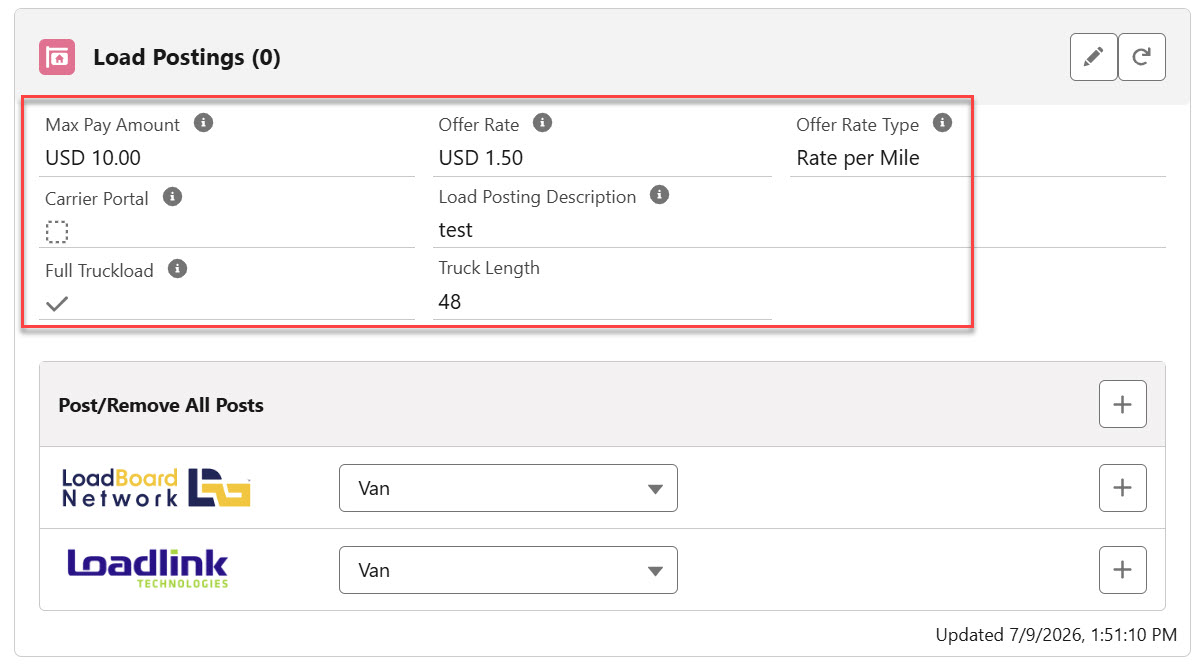 Load postings LWC displaying load rate information.